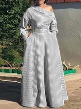 Load image into Gallery viewer, VONDA 2024 Women Elegant Striped Maxi Dress Bohemian Sundress Casual Loose Off Shoulder Long Sleeve Party Vestidos Robe Femme