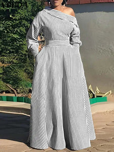 VONDA 2024 Women Elegant Striped Maxi Dress Bohemian Sundress Casual Loose Off Shoulder Long Sleeve Party Vestidos Robe Femme