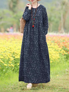 Vintage Women's Printed Dress Spring Sundress Casual Long Sleeve Maxi Vestidos Female Floral Hollow Robe Oversized