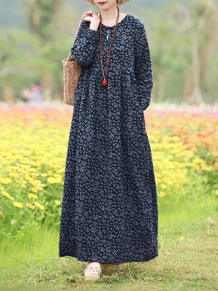 Vintage Women's Printed Dress Spring Sundress Casual Long Sleeve Maxi Vestidos Female Floral Hollow Robe Oversized