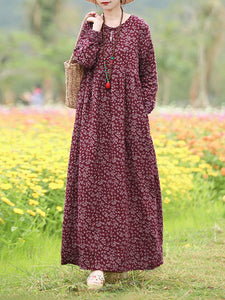 Vintage Women's Printed Dress Spring Sundress Casual Long Sleeve Maxi Vestidos Female Floral Hollow Robe Oversized