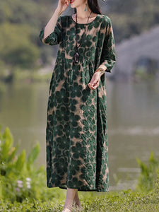 Vintage Women's Printed Dress Spring Sundress Casual Long Sleeve Maxi Vestidos Female Floral Hollow Robe Oversized