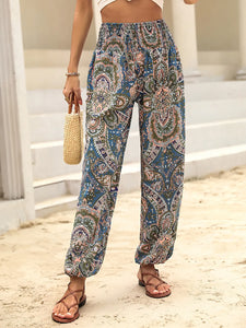 Women's Casual Summer Harem Pants Floral Beach Pants High Waist Boho Pants with Pockets