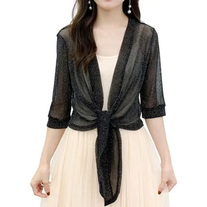 Women's Sheer Glitter Lace-up Cardigan Half Sleeve Summer Lightweight Jacket See-through Loose Blouse Women