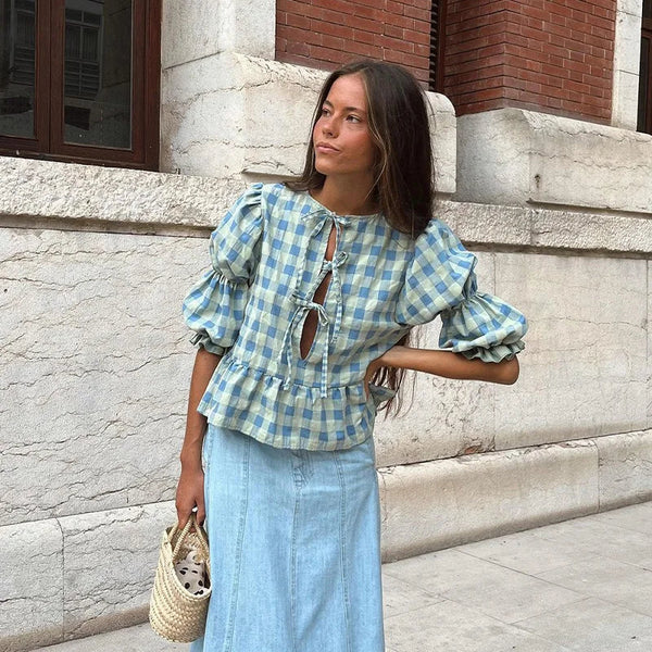 Women's Shirt Plaid Bow Lace Up Fashion Loose O-neck Puff Short Sleeve Female Blouses 2024 Spring Summer Casual Hollow Out Tops