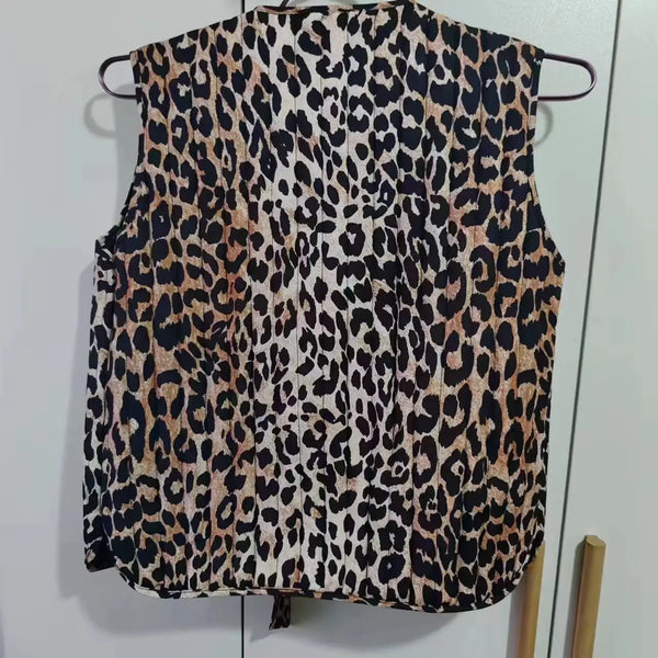 ZAURA Spring/Summer 2024 New Women's V-neck Bow Decoration Fashion Leopard Pattern Vest