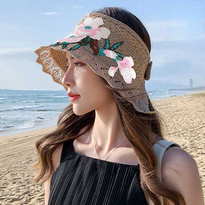 Spring and summer women's ethnic style embroidery cotton empty top beach hat sun protection face sun hat foldable sun hat