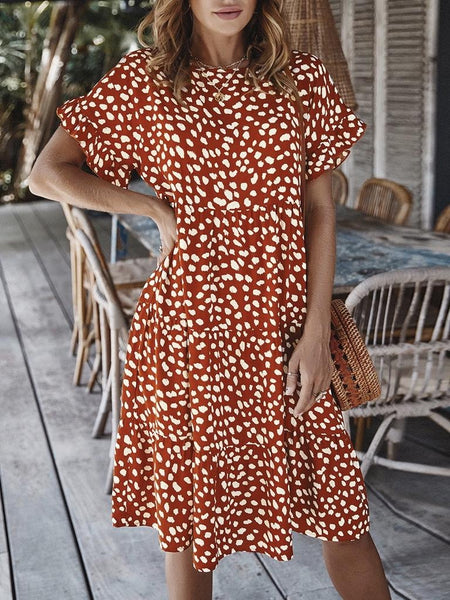 Women Loose O-neck Short Sleeve Dots Print Mini Dresses