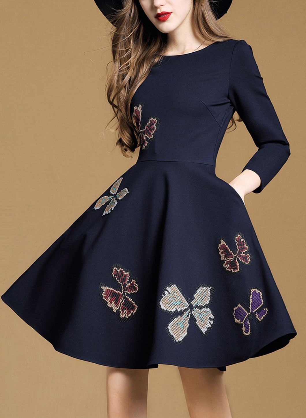 Round Neck Embroidery A-line Dress