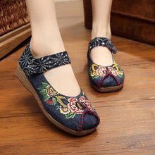 Load image into Gallery viewer, Peony Embroidered Old Peking Hook Loop Flat Shoes