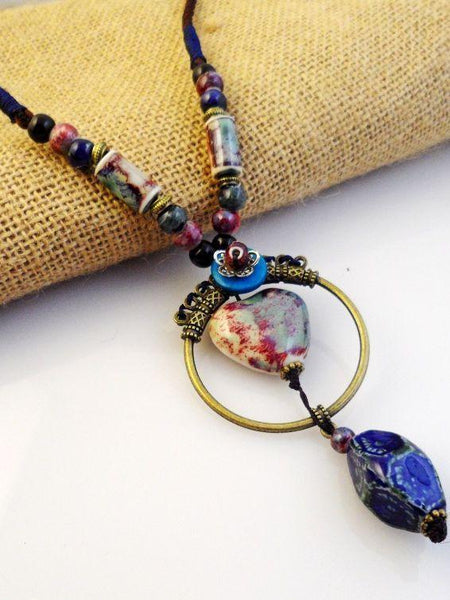 Hand Woven Retro Pendant Love Ceramic Necklace