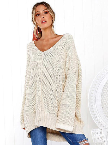 Solid Color V-neck Loose Sweater Tops