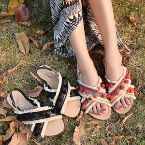 Summer Boho National Style Wave Colorful Pom Sandals