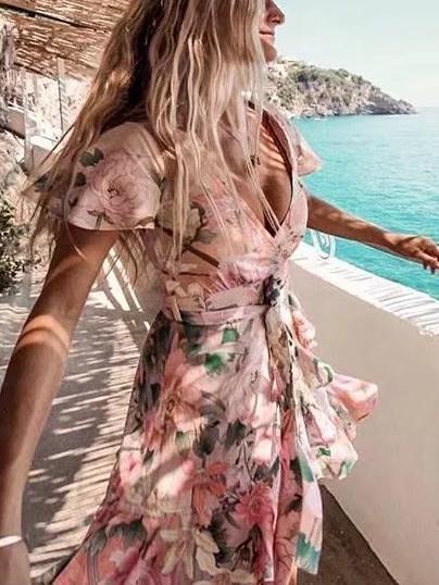 Bohemian Print One-Piece Wrap Fashion V-Neck Tie Mini Dress