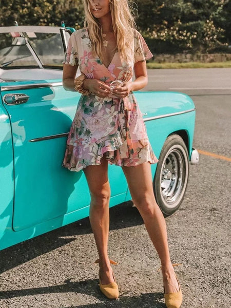 Bohemian Print One-Piece Wrap Fashion V-Neck Tie Mini Dress