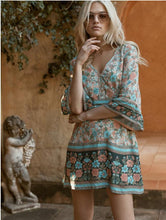 Load image into Gallery viewer, Boho Floral Print V-Neck Summer Flare Sleeve Hippie Beach Mini Dress