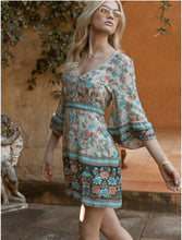 Load image into Gallery viewer, Boho Floral Print V-Neck Summer Flare Sleeve Hippie Beach Mini Dress