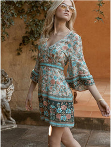 Boho Floral Print V-Neck Summer Flare Sleeve Hippie Beach Mini Dress