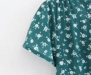 Spring New Bow Print V-Neck Short Sleeve High Waist Big Dress