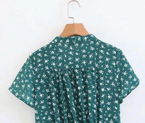 Spring New Bow Print V-Neck Short Sleeve High Waist Big Dress