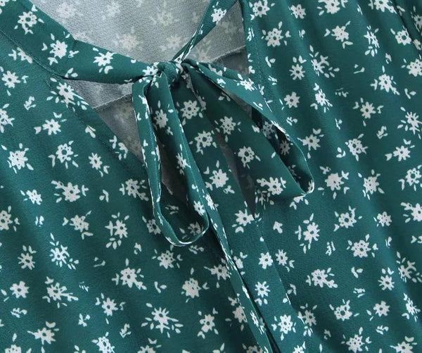 Spring New Bow Print V-Neck Short Sleeve High Waist Big Dress