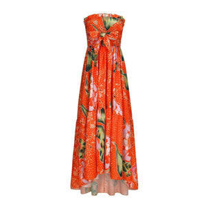 Sexy Bohemian V-Neck Print Slits Chiffon Orange Beach Dress