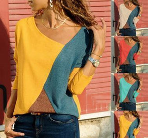 Stitching Contrast Color Round Neck Long Sleeve Casual T-Shirt Top