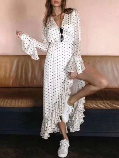 Bohemia Vacation Wind Wave Dot Print Ruffled Dress