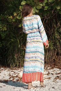 Long Sleeved Large Wave Printed Loose Tie V-neck Long Dress
