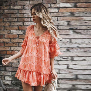 Spring Ruffled Stitching Print Chiffon Dress