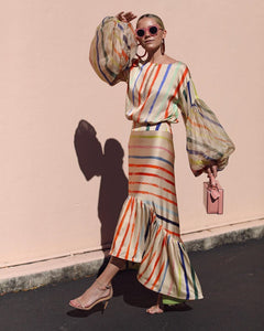 Strip Stitching Lantern Sleeve Special Design Party Long Dress