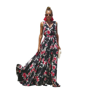 Bohemian Large Flower Print Slit V-Neck Sleeveless Large Swing Maxi Dress