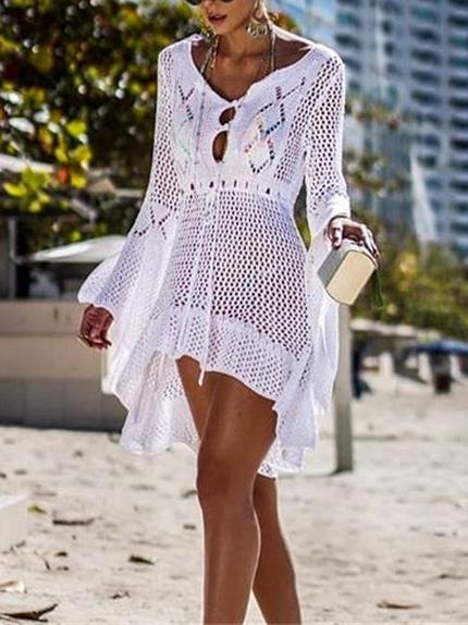Flared Sleeves Hollow Crochet Swimwear Cover-ups Mini Dress