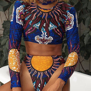 Ethnic Style Split Bikini Print Long Sleeve Swimsuit