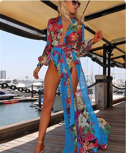 Chiffon Floral-Print Long Sleeve Deep V Neck Side Split Maxi Dress