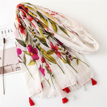 Load image into Gallery viewer, Retro flowers cotton and linen tassel scarf, silk scarf shawl, women&#39;s national wind beach