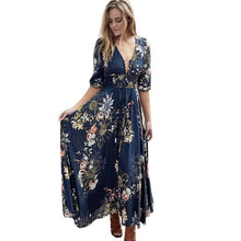 Load image into Gallery viewer, Bohemian Printed V-neck Buttons Three-quarter Sleeves Big Sleeve Dress Long Dress