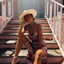 Load image into Gallery viewer, Summer Knit Maxi Dress Women&#39;s Sleeveless Cutout Open Back Slit Striped Commuter Dress