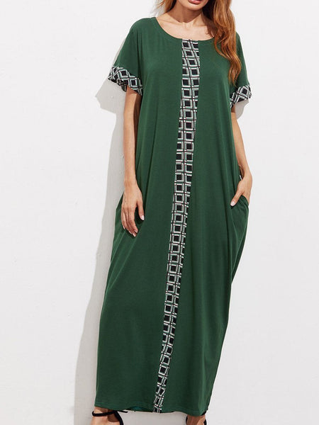 Green Round Neck Short Sleeve Loose Kaftan Dress