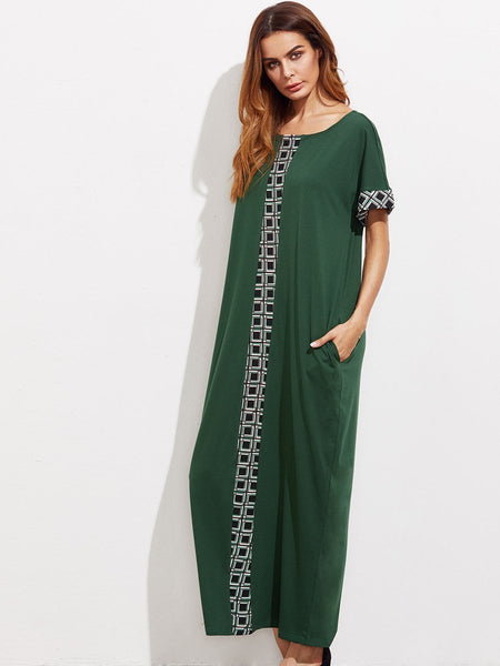 Green Round Neck Short Sleeve Loose Kaftan Dress