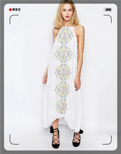 Load image into Gallery viewer, Color geometric embroidery suspenders long sleeveless sexy dress