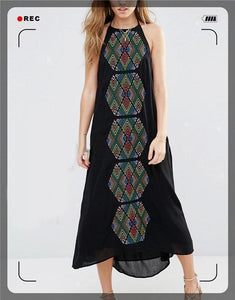 Color geometric embroidery suspenders long sleeveless sexy dress