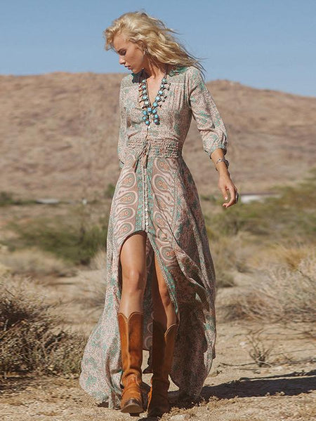 Split print women long maxi bohemian dress