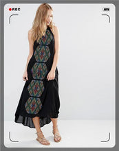 Load image into Gallery viewer, Color geometric embroidery suspenders long sleeveless sexy dress