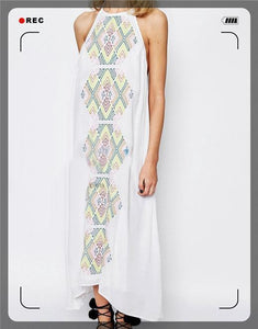 Color geometric embroidery suspenders long sleeveless sexy dress