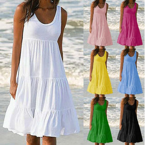 2021 Solid Color Beach Dress Women's 8-color 8-size Sleeveless Round Neck Patchwork Large Swing Beach Skirt In Stock