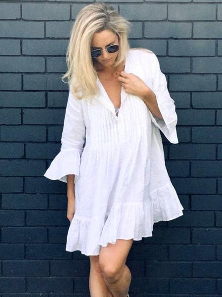 Solid Color Long Sleeves Cover-up Mini Dresses