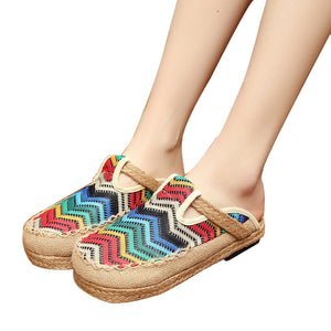 Colorful round toe shoes Thai handmade cloth shoes linen straw weaving art department college Style Slippers