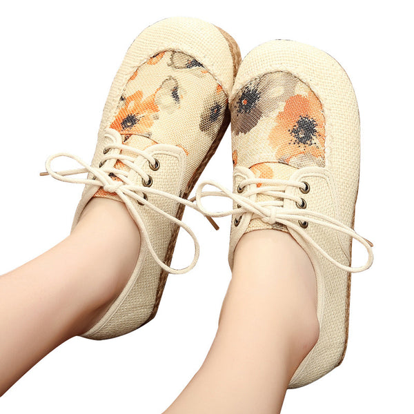 Cotton and Linen Lace-up Cloth Shoes Breathable and Comfortable Women's Cloth Shoes Pastoral Wind Floral Linen Shoes