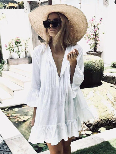 Solid Color Long Sleeves Cover-up Mini Dresses